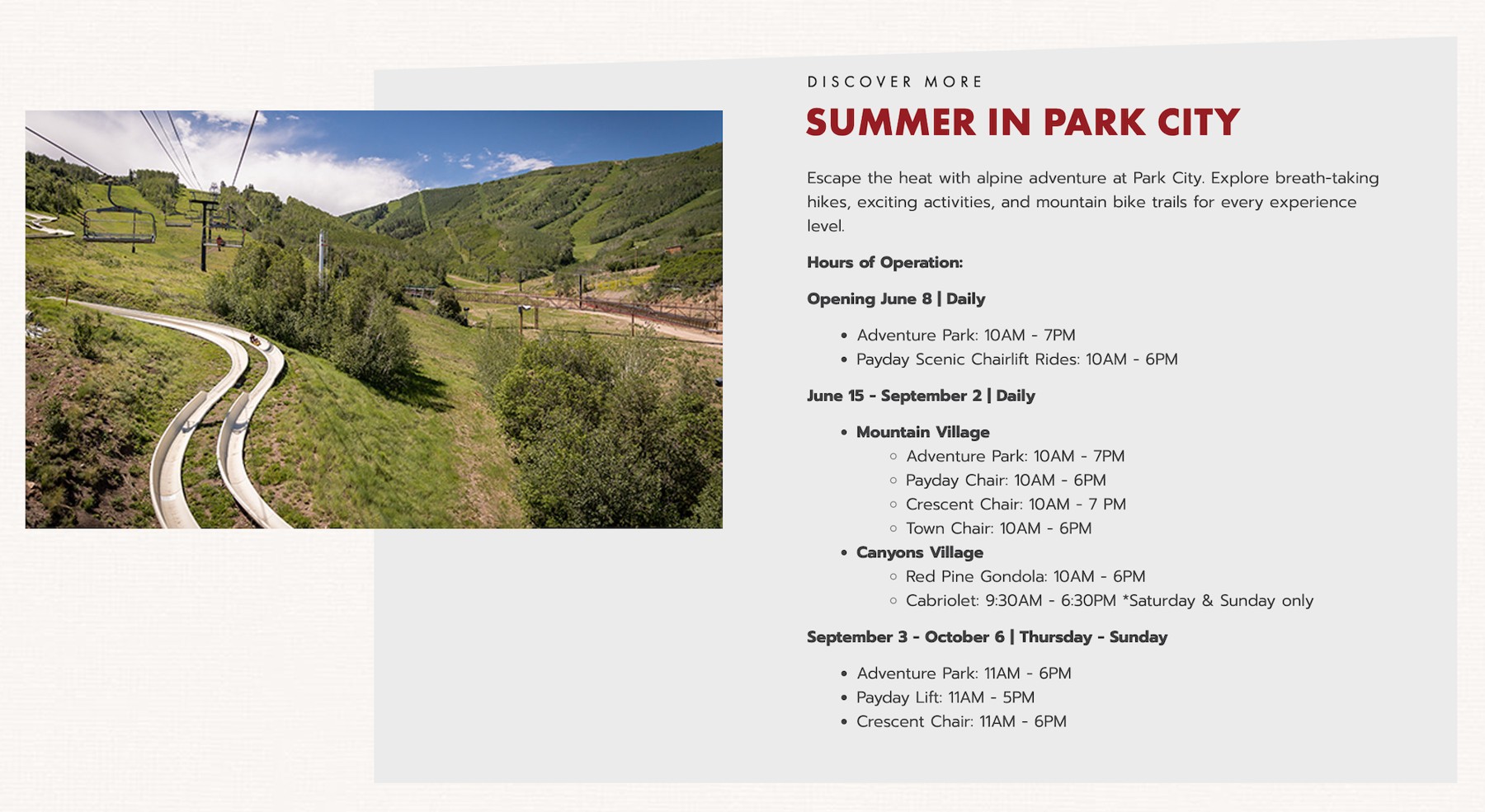 Park City Mountain Summer Hours