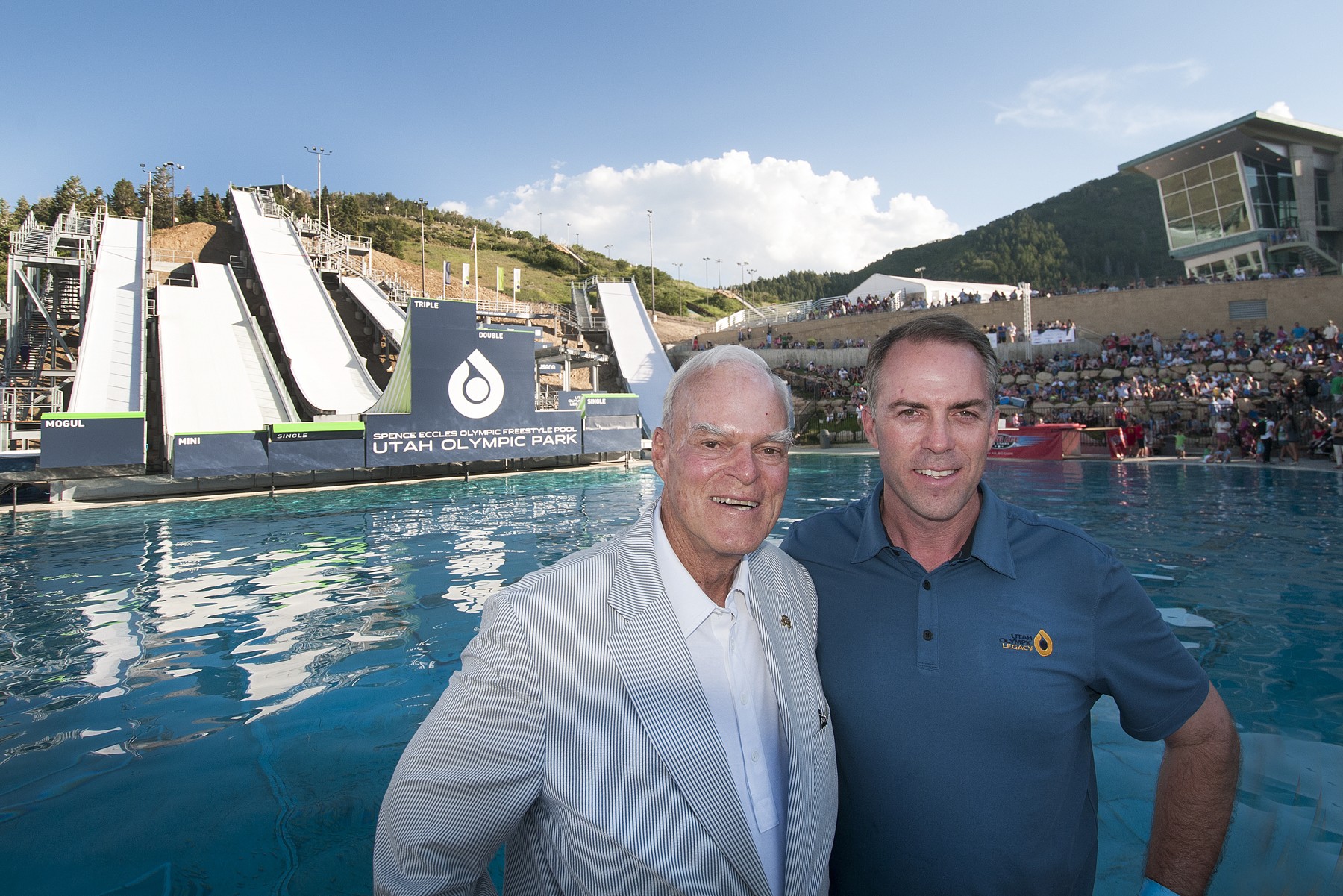 Spence Eccles and Colin Hlton celebrate the grand opening of the new Spence Eccles Olympic Freestyle Pool at the Utah Olympic Park. (Tom Kelly/USSA)