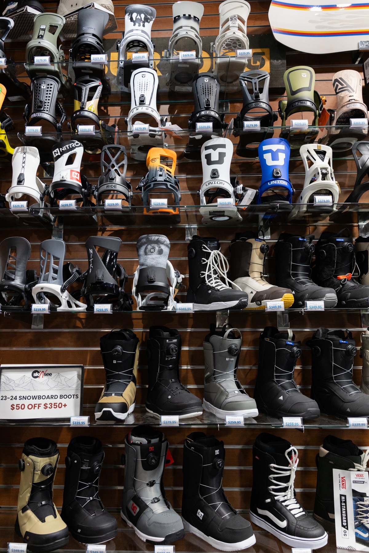 Snowboard boots and bindings. 